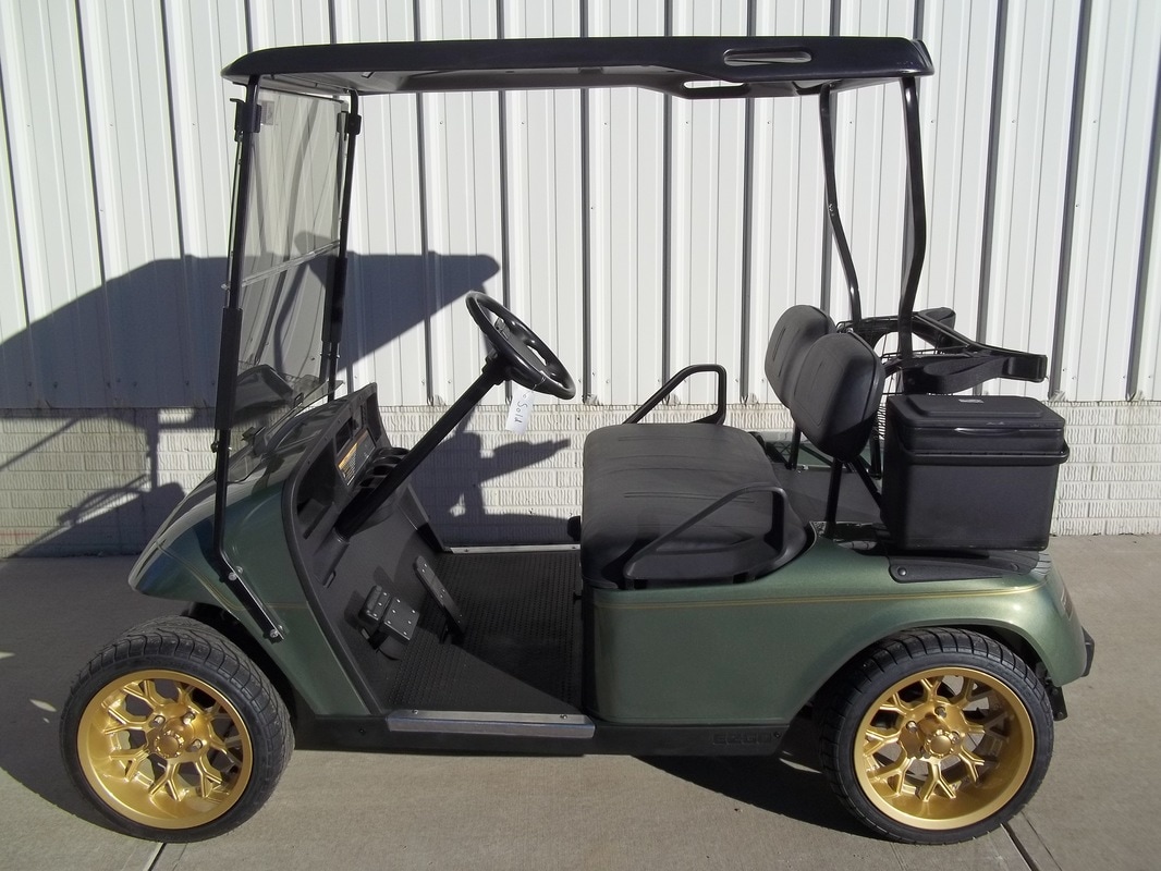 2006 E-Z-GO TXT Gas, Oasis Green, Black Seats & Top, Tinted Folding Windshield, Deluxe Cooler, Gold Pinstripe, 14