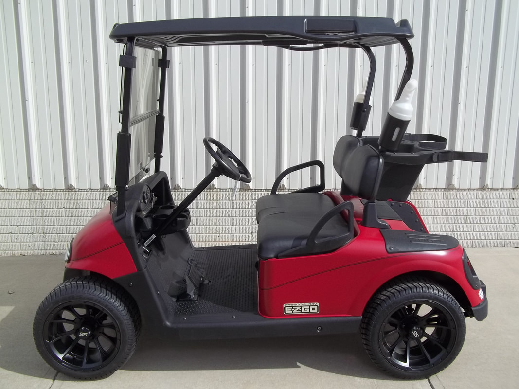 2012 E-Z-GO RXV Limited Edition Color, Electric 48-V (6-8V) Trojan Batteries, Matte Red, Freedom (Includes L.E.D. Head-Tail-Brake Lights, State of Charge Meter, Fastest Speed Program)​, Black Seats & Top, 14