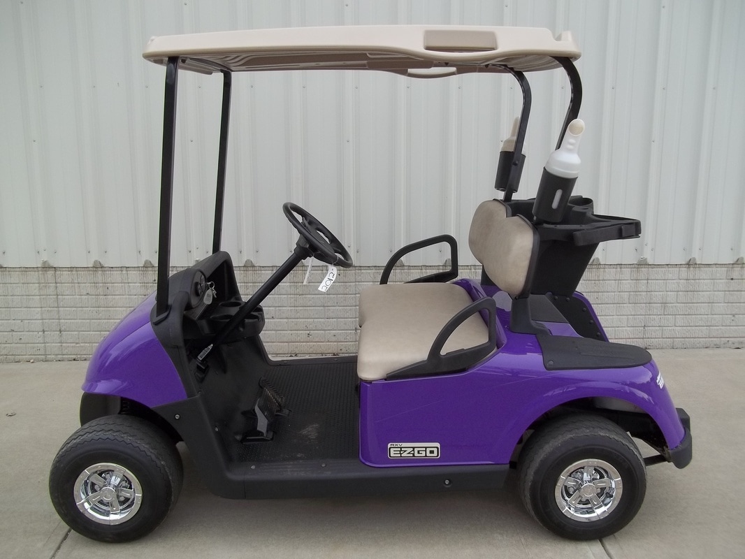 2012 E-Z-GO RXV, Custom Painted Purple, Stone Beige Seats & Top, Electric 48-V (6-8V) Trojan Batteries, State of Charge Meter, Fastest Speed Program​, Used Sandbottles, Chrome Hubcaps, MR. Golf Car Inc. Springfield South Dakota