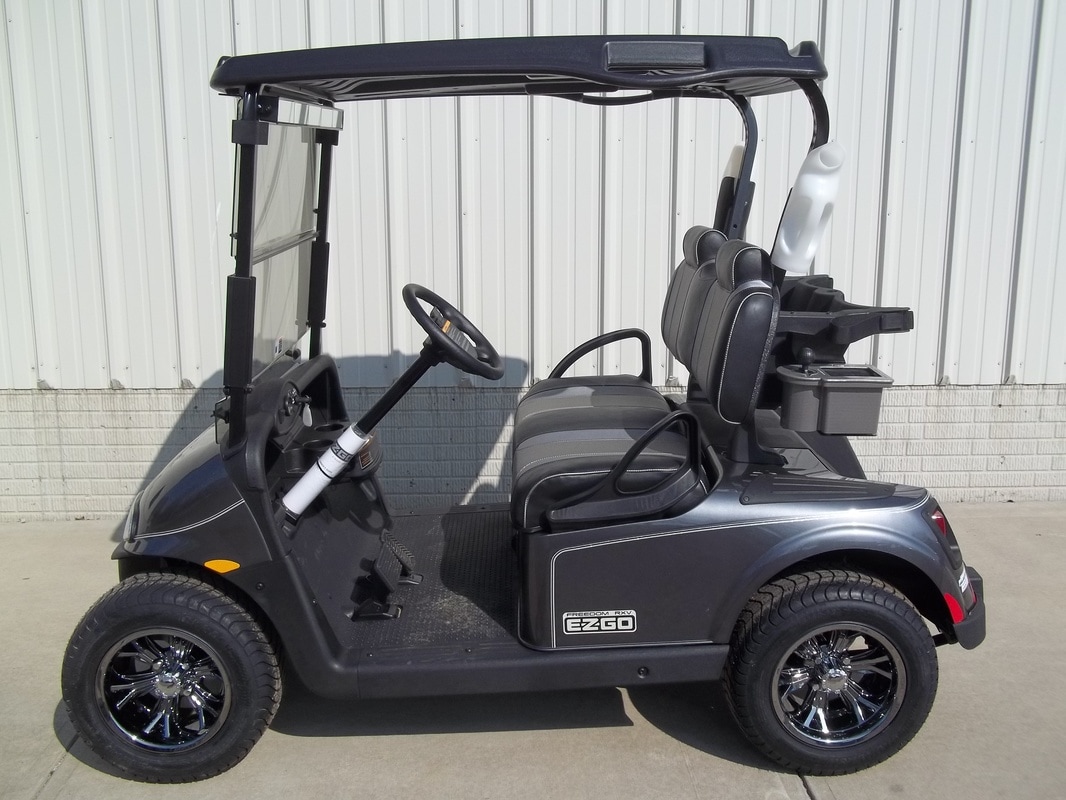 2017 E-Z-GO RXV ELiTE, Charcoal, Custom Black & Silver Seats, Black Top, Electric 48-V Samsung Lithium Ion Batteries (5-Year Free Replacement on Batteries) Maintenance Free!, Freedom (Includes Head-Tail-Brake Lights, Horn, State of Charge Meter, 19.5 MPH), Tinted Windshield, Mirror, Sandbottles, Side Basket, Turned Titanium Ball Washer, Metallic Silver Pinstripe, 12'' Black Chrome Wheels, MR. Golf Car Inc. Springfield South Dakota