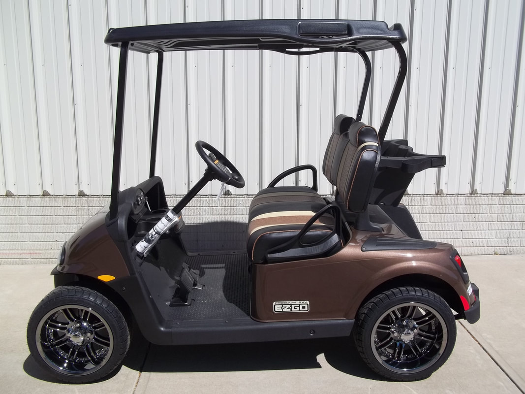 2016 E-Z-GO RXV, Electric 48-V (6-8V) Trojan Batteries, Java Brown, Freedom (Includes Head-Tail-Brake Lights, Horn, State of Charge Meter, Fastest Speed Program)​, Custom Brown Ostrich Seats, Black Top, 14