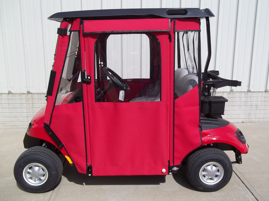 2017 E-Z-GO TXT LX, Gas, Flame Red, Freedom (Includes Head-Tail-Brake Lights, Fuel Gauge & Oil Light, Horn, 19 M.P.H.) Gray Seats, Black Top, Tinted Folding Windshield, Custom Red Door Works Enclosure w/ Zip Up Windows, Black Ball Washer, Deluxe Cooler, Custom Decal, Silver Hubcaps, MR. Golf Car Inc. Springfield South Dakota