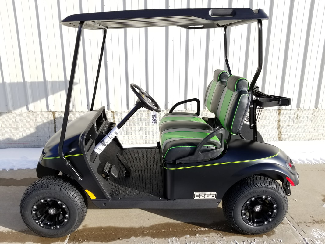 2018 E-Z-GO TXT LX, New, Limited Edition Color, Gas, Matte Black, Freedom (Includes Head-Tail-Brake Lights, Fuel Gauge & Oil Light, Horn, 19 M.P.H.), Custom Green & Black Seats, Black Top, Lime Green Pinstripe, 10