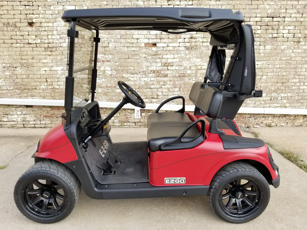 2016 E-Z-GO RXV, Limited Edition Color, Electric 48Volt (6-8V Batteries), Matte Red, Black Seats & Top, Freedom (Includes Head-Tail-Brake Lights, Horn, State of Charge Meter, Fastest Speed Program), Tinted Folding Windshield, Black Bag Cover, Locking Cubbyhole Doors, Custom E-Z-GO Cloth Floor Mat, Matte Black Pinstripe, 14