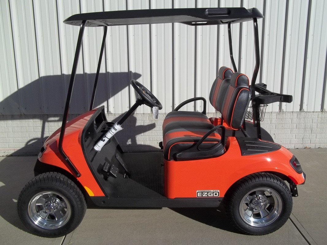 2016 E-Z-GO TXT LX, Gas, Jacobson Orange, Freedom(Includes Head-Tail-Brake Lights, Horn, Fuel Gauge & Oil Light, 19 M.P.H.), Custom Black & Orange Seats, Black Top, 12'' Cragar Wheels, MR. Golf Car Inc. Springfield South Dakota