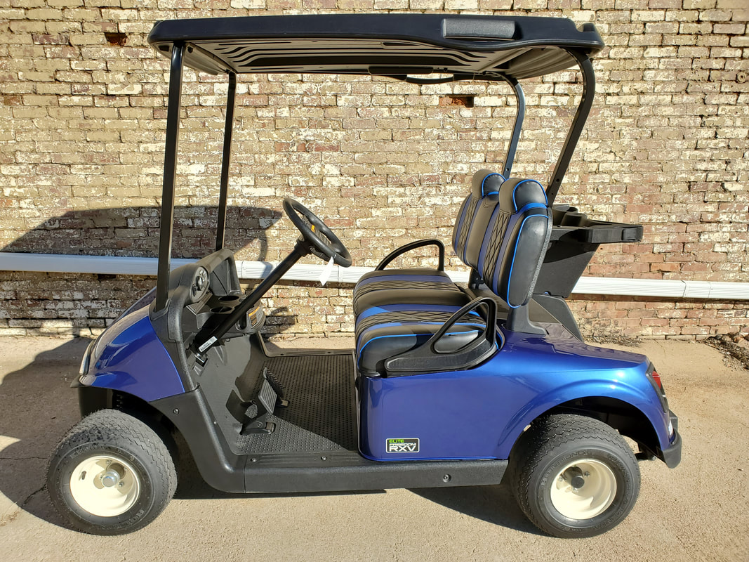 2018 E-Z-GO RXV Elite 2.0, Electric Blue, Custom Blue & Black LazyLife Seats, Black Top, Electric 2.0 Samsung Lithium Ion Batteries (5-Year Free Replacement on Batteries), Freedom (Includes Head-Tail-Brake Lights, Horn, State of Charge Meter, 19.5 M.P.H.), Dual USB Port, MR. Golf Car Inc.