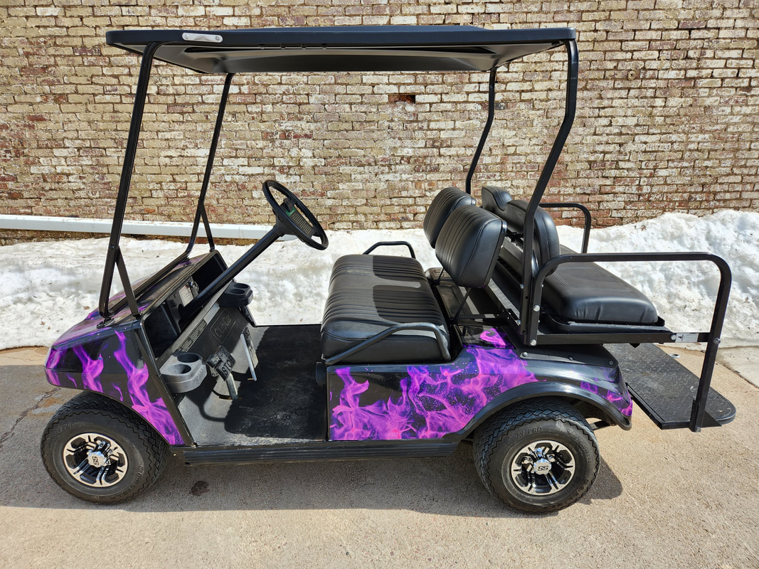 1993 Club Car 4-Seater, Gas, Black & Purple Wrap, Black Seats & Top, LED Light Bar, Oil Light, Flip Flop Rear Seat, MR.Golf Car Inc., Springfield, South Dakota